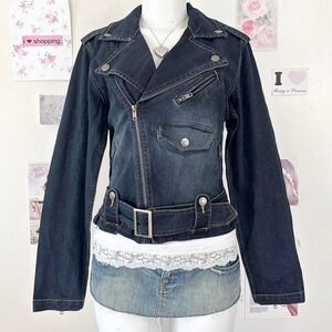 No Boundaries Y2K Dark Wash Denim Moto Biker Jacket Size M — Indie Sleaze / Y2K